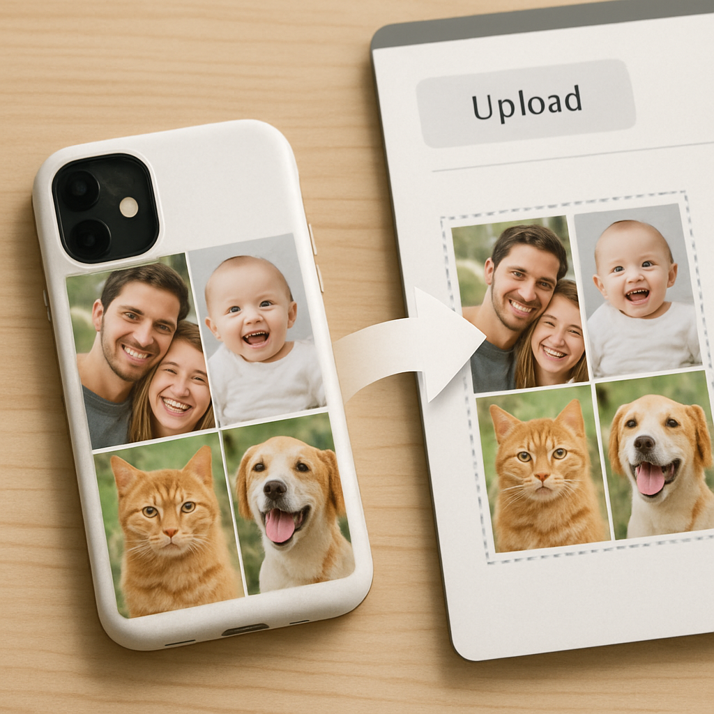 A phone case on a table with a collage being dragged into a design tool, showing the upload interface. Alt: custom photo collage phone case upload and arrangement
