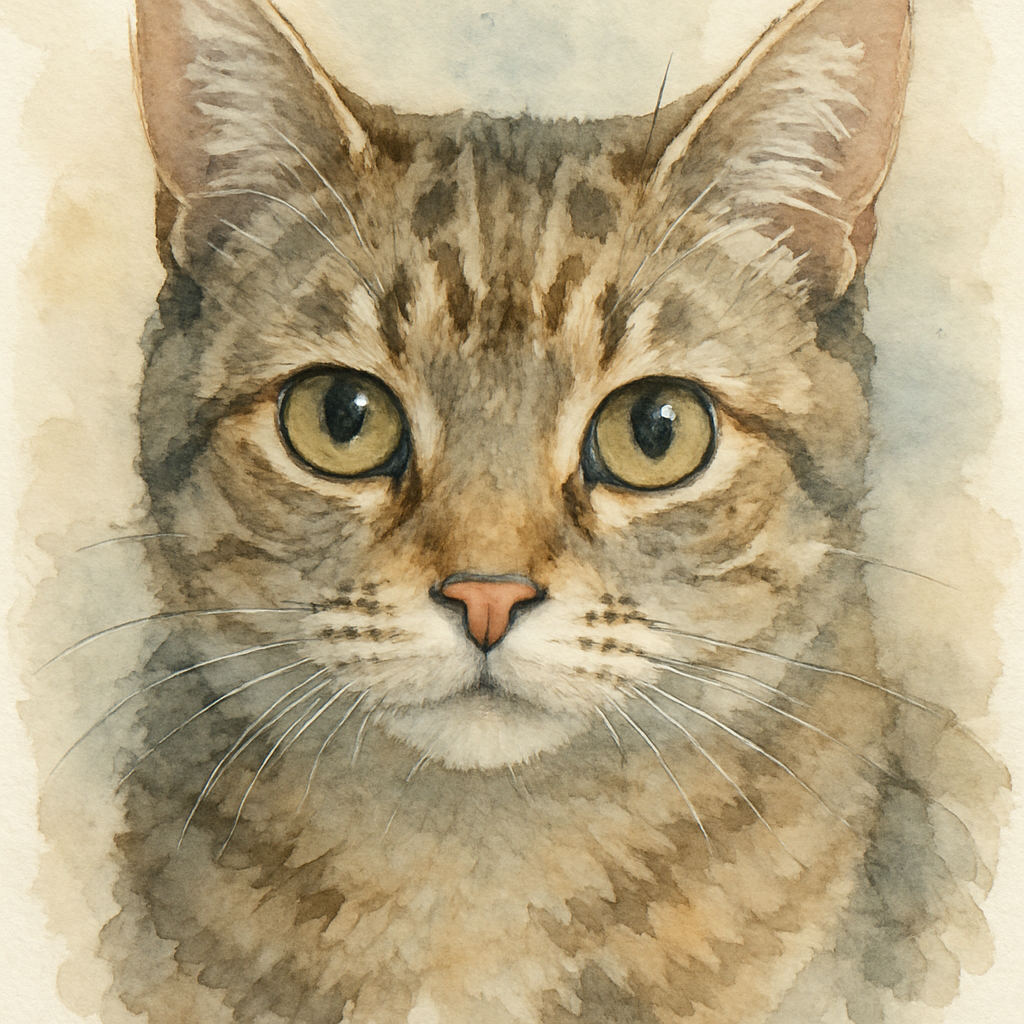 A close‑up AI‑generated watercolor sketch of a cat with detailed eyes and soft fur, showing the added texture and subtle background wash. Alt: detailed watercolor pet sketch ready for printable download.