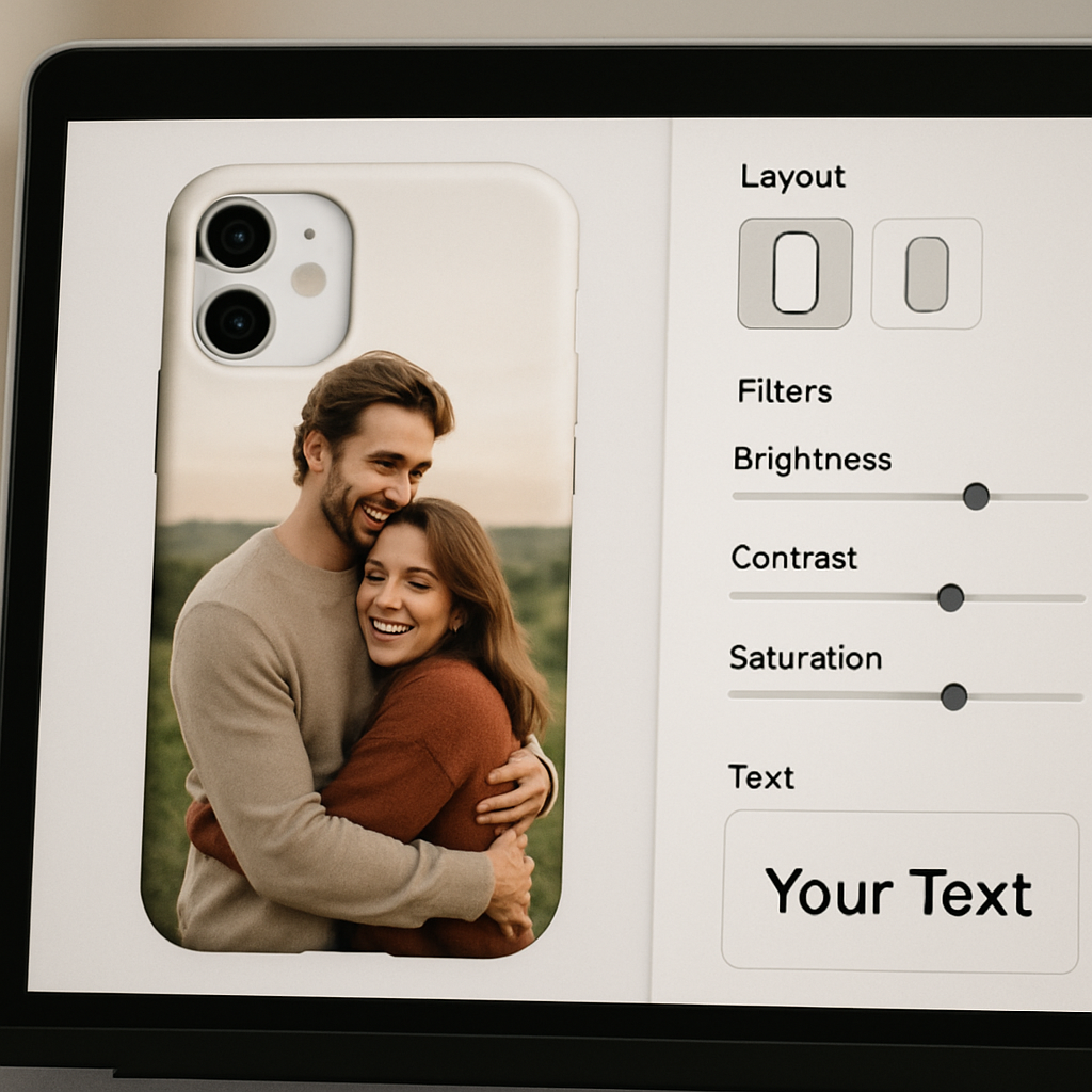 A mockup of a phone case design showing layout adjustments, filter sliders, and text overlay. Alt: personalized photo phone case design workspace