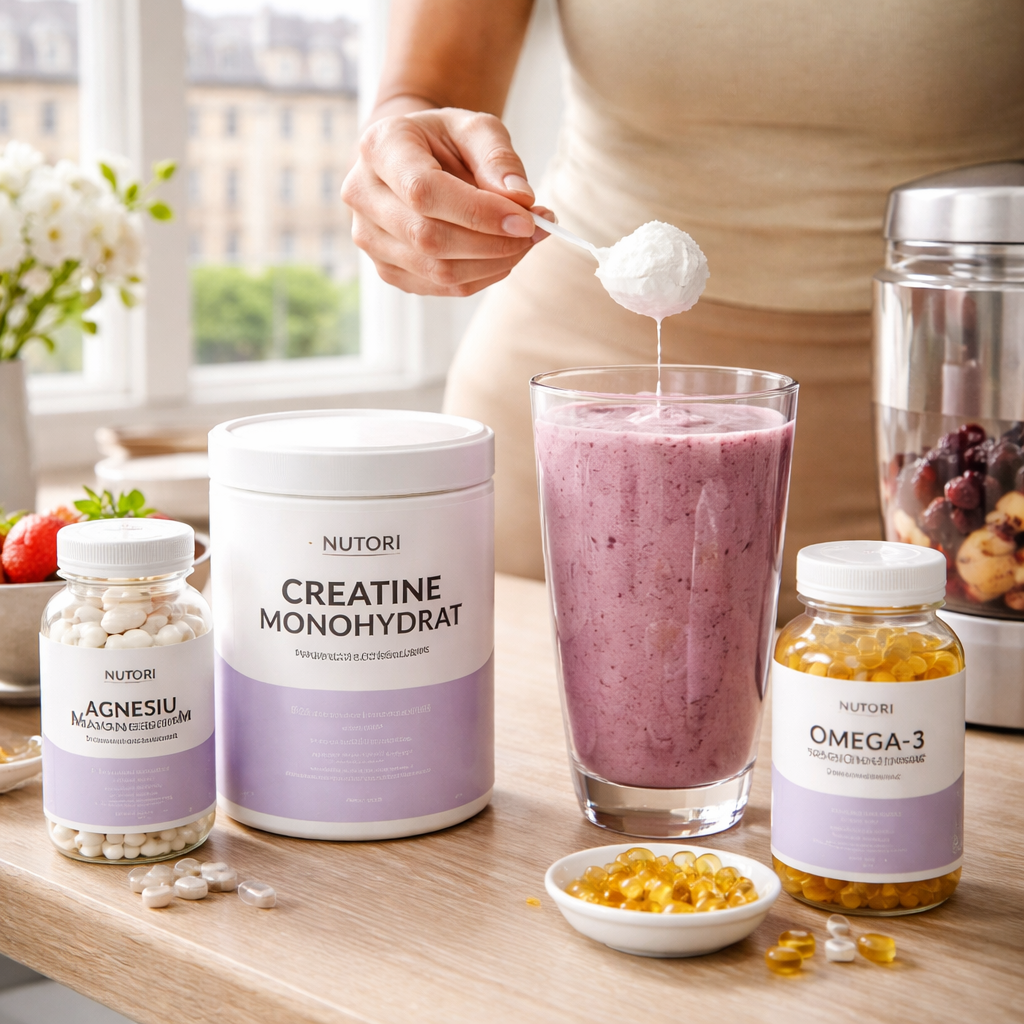 A realistic scene of a person mixing creatine powder into a smoothie, with other supplement containers like magnesium capsules and omega‑3 softgels nearby, symbolizing a balanced supplement stack. Alt: creatine monohydrate benefits combined supplement routine