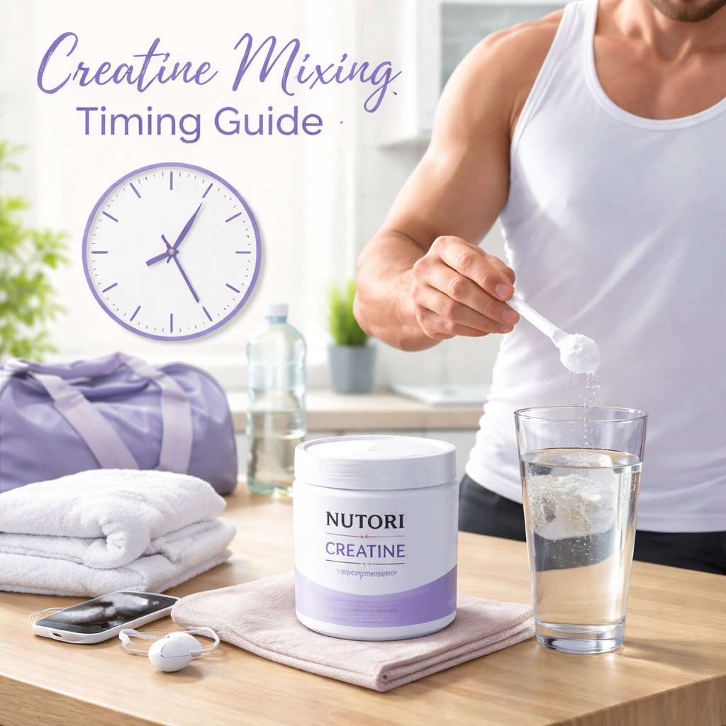 A realistic illustration of a person mixing creatine powder into a glass of warm water, with a clock showing post‑workout time. Alt: creatine mixing timing guide