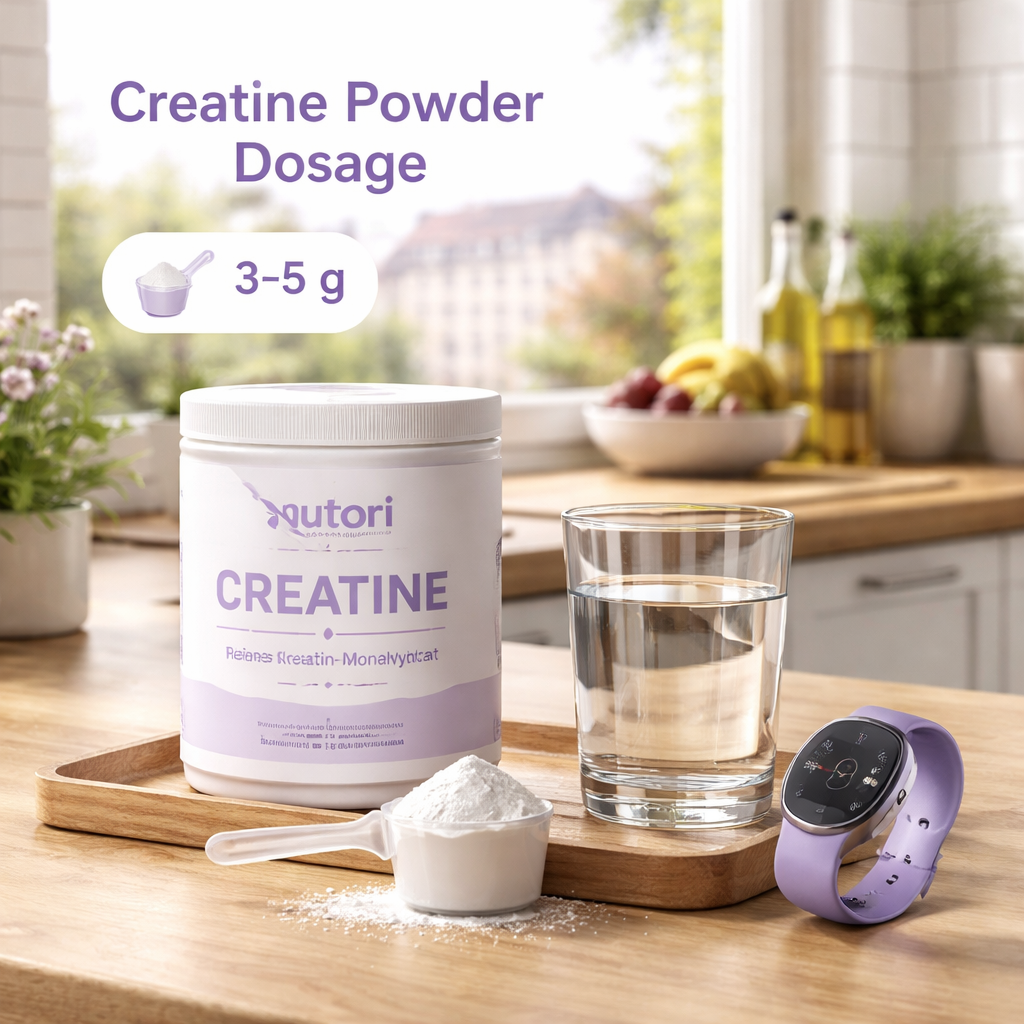 A photorealistic scene of a German kitchen countertop with a measuring scoop of creatine powder, a glass of water, and a fitness watch, showing a daily dose of 3–5 g. Alt: 