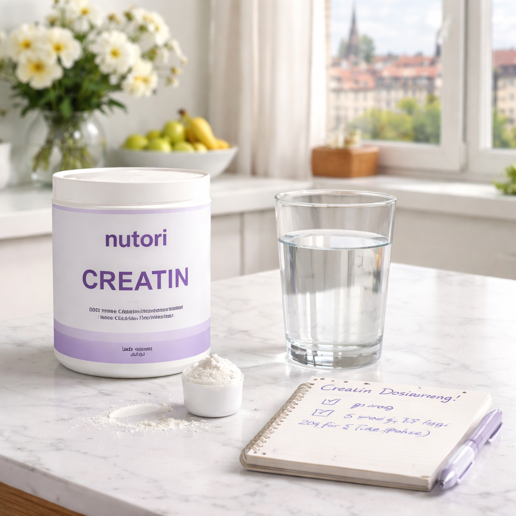 A photorealistic kitchen countertop in a German apartment, showing a measuring scoop of creatine powder, a glass of water, and a small notebook with dosage notes. Alt: Vergleich von Creatin Dosierungsschemata