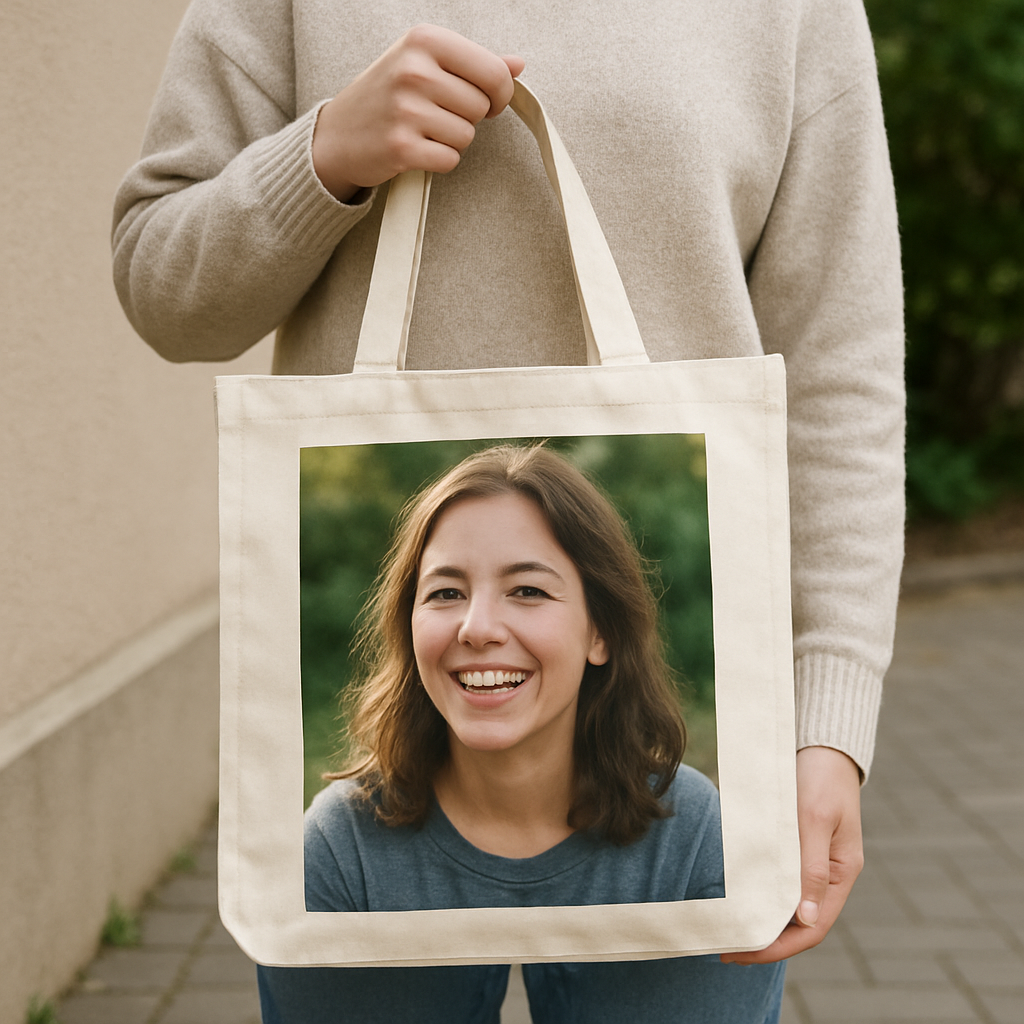 A person holding a personalized photo canvas tote bag with a smiling candid photo printed on it. Alt: Personalized photo canvas tote bag gift featuring a clear smiling portrait.