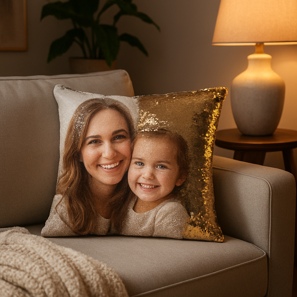 A cozy living room scene with a custom photo sequin pillow on a sofa, showing the pillow in both solid and sequined states, with soft lighting highlighting the glitter effect. Alt: custom photo sequin pillow living room décor
