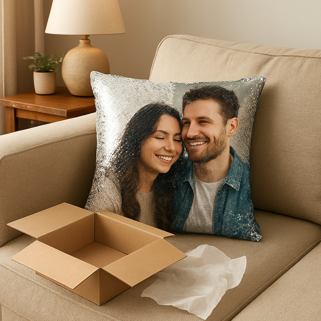 A cozy living room scene with a freshly delivered custom photo sequin pillow displayed on a sofa, showing both the solid side and the sequined reveal. Alt: custom photo sequin pillow care and unboxing.
