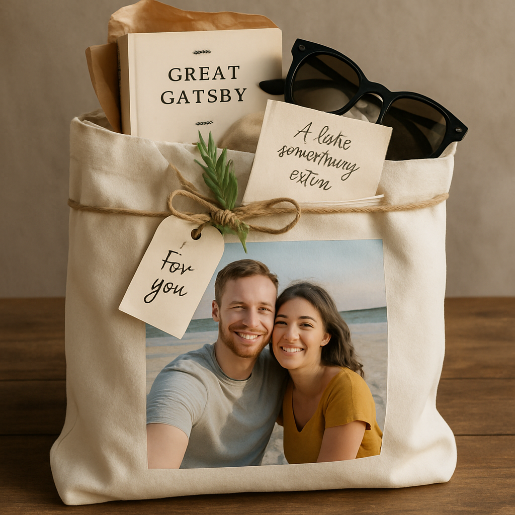 A cozy scene showing a personalized photo canvas tote bag filled with themed items like a book, sunglasses, and a handwritten note, with natural wrapping accents. Alt: Personalized photo canvas tote bag gift creatively wrapped with thoughtful extras.