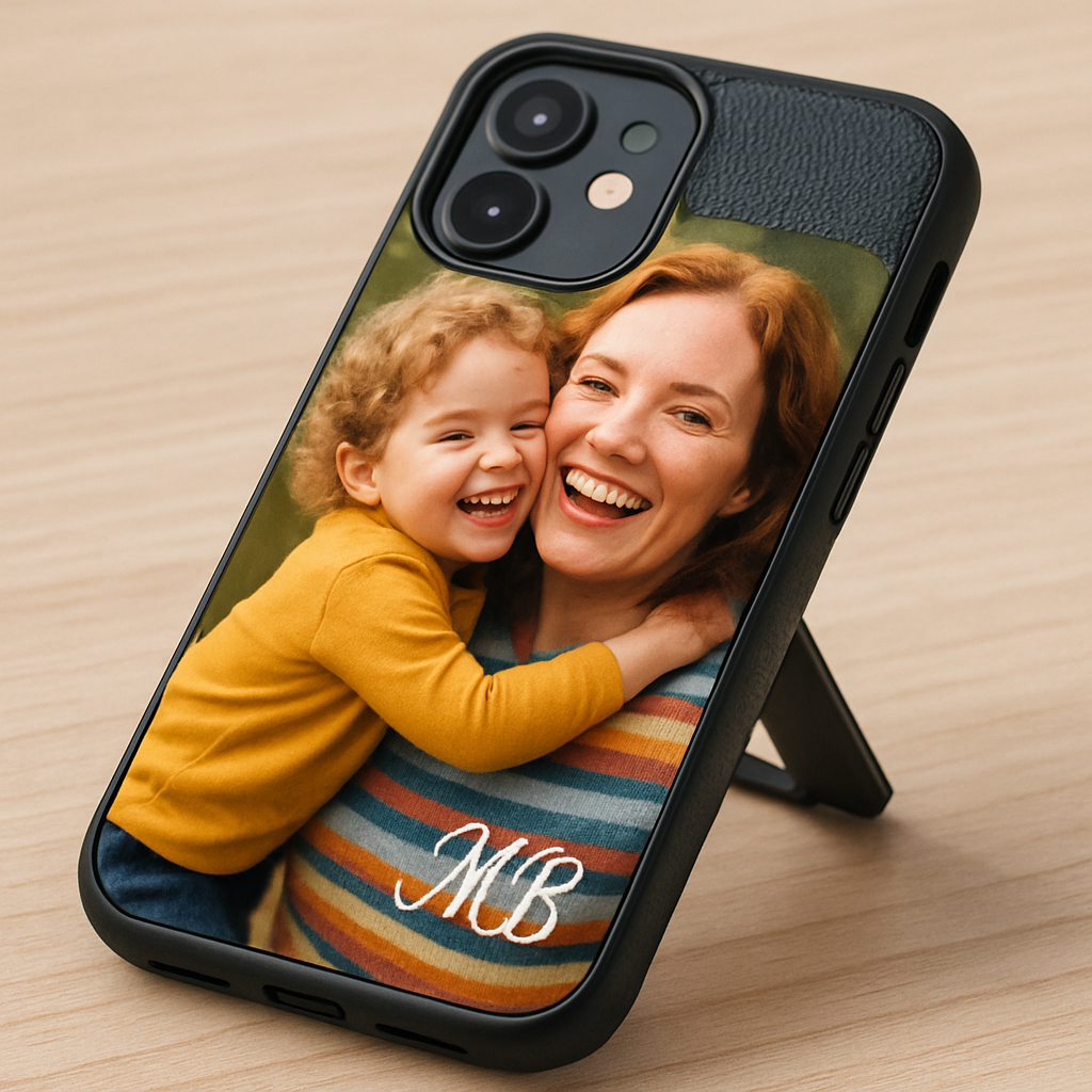 A close‑up of a phone case showing a vibrant personalized photo on the front, a monogram in elegant script at the bottom corner, a matte textured grip on the back, and a tiny kickstand folded out. Alt: personalized photo phone case with monogram, grip texture, and kickstand.