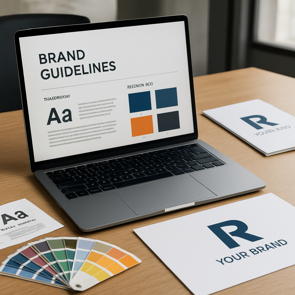 A modern office table with a laptop open to a brand guidelines template, colour swatches, typography specimens, and a printed brochure displaying the brand’s logo. Alt: brand guidelines template visual assets and printed collateral.