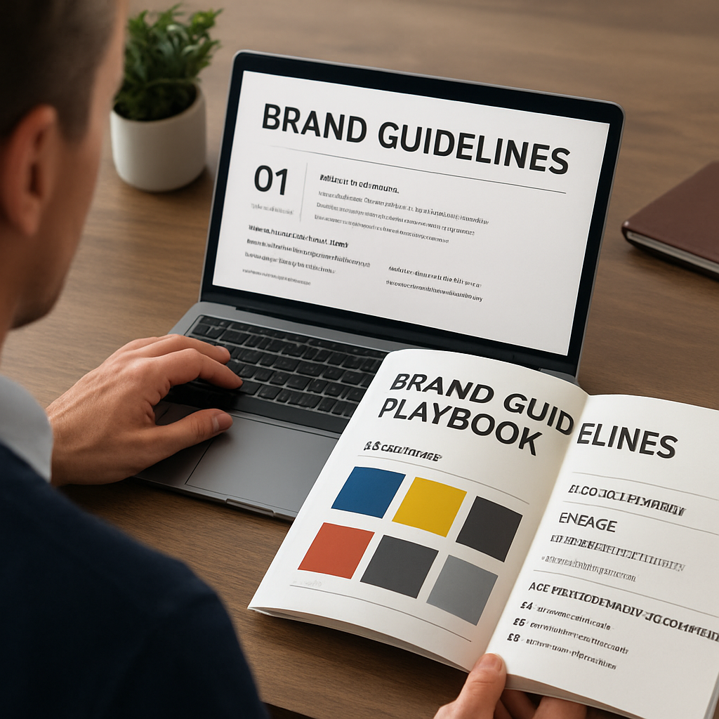 A designer at a desk reviewing a brand guidelines template on a laptop, with a colourful playbook page open beside it, showing colour swatches, typography scales and KPI checkboxes. Alt: brand guidelines template playbook example showing asset production steps and metrics