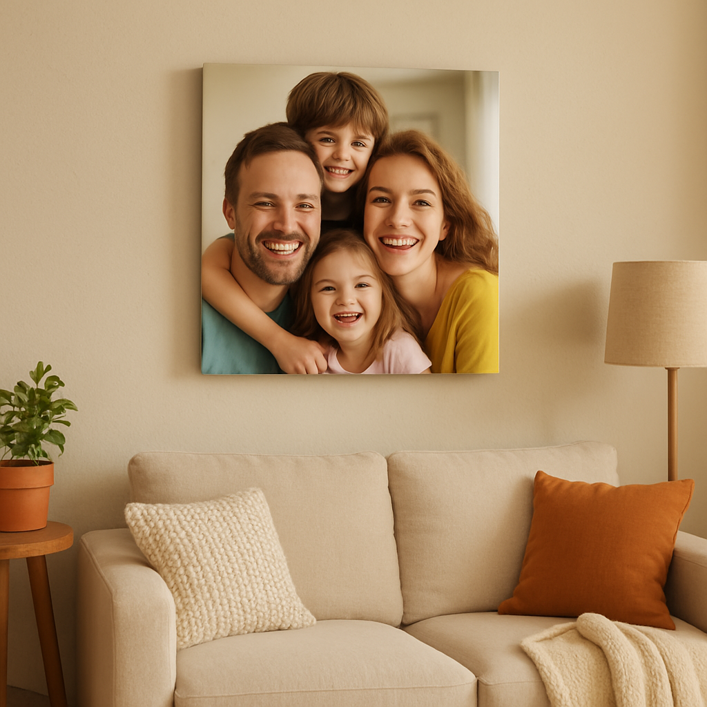 A cozy living room wall with a 12x12 inch square photo canvas of a family smiling, bright colors, soft natural lighting. Alt: square photo canvas on a living room wall