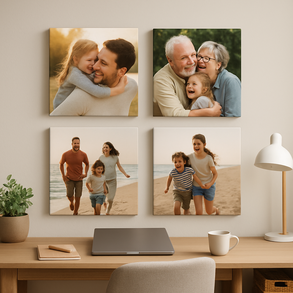 A cozy home office wall with three square photo canvases in a grid, each showing a different family memory. Alt: square photo canvas wall display in a modern home office
