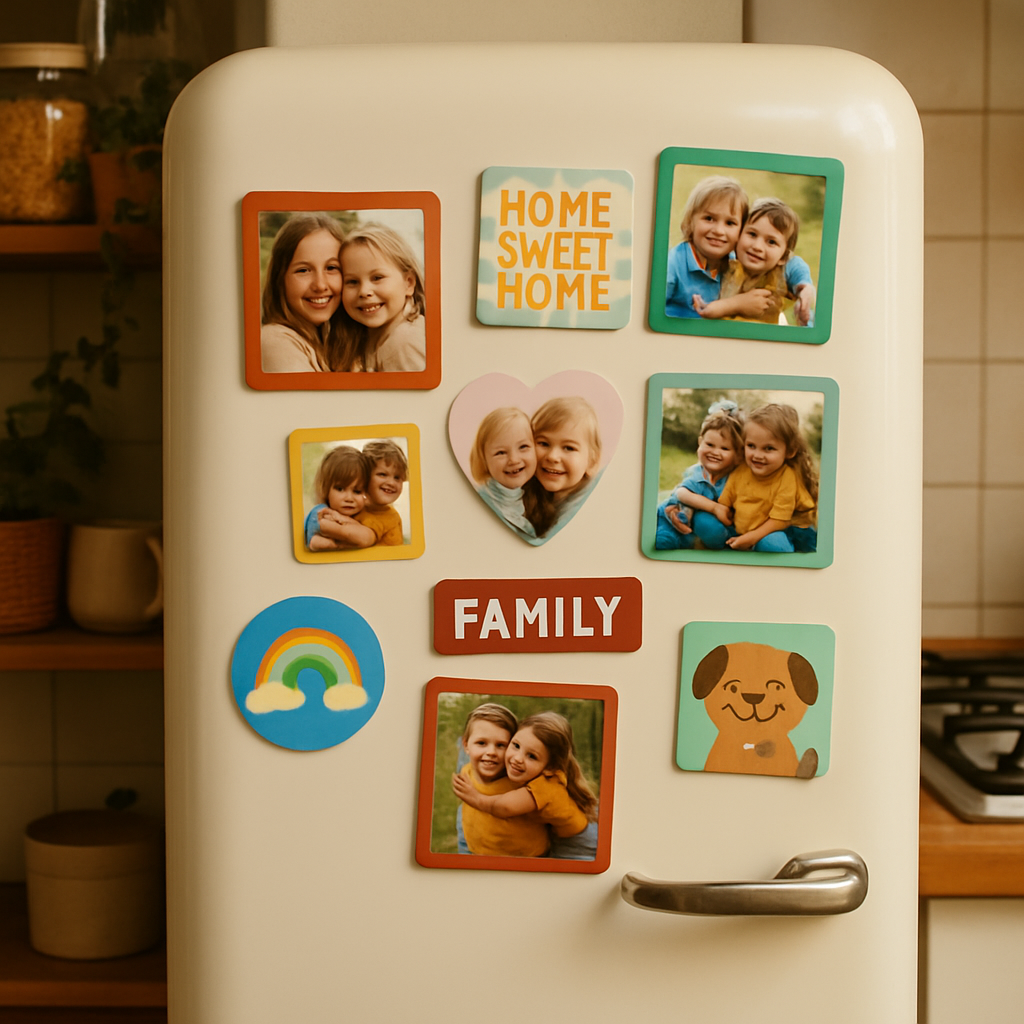 A cozy kitchen fridge adorned with colorful custom photo magnets showcasing family memories and playful designs. Alt: Custom photo magnets for fridge gift adding warmth and personality to a kitchen space.