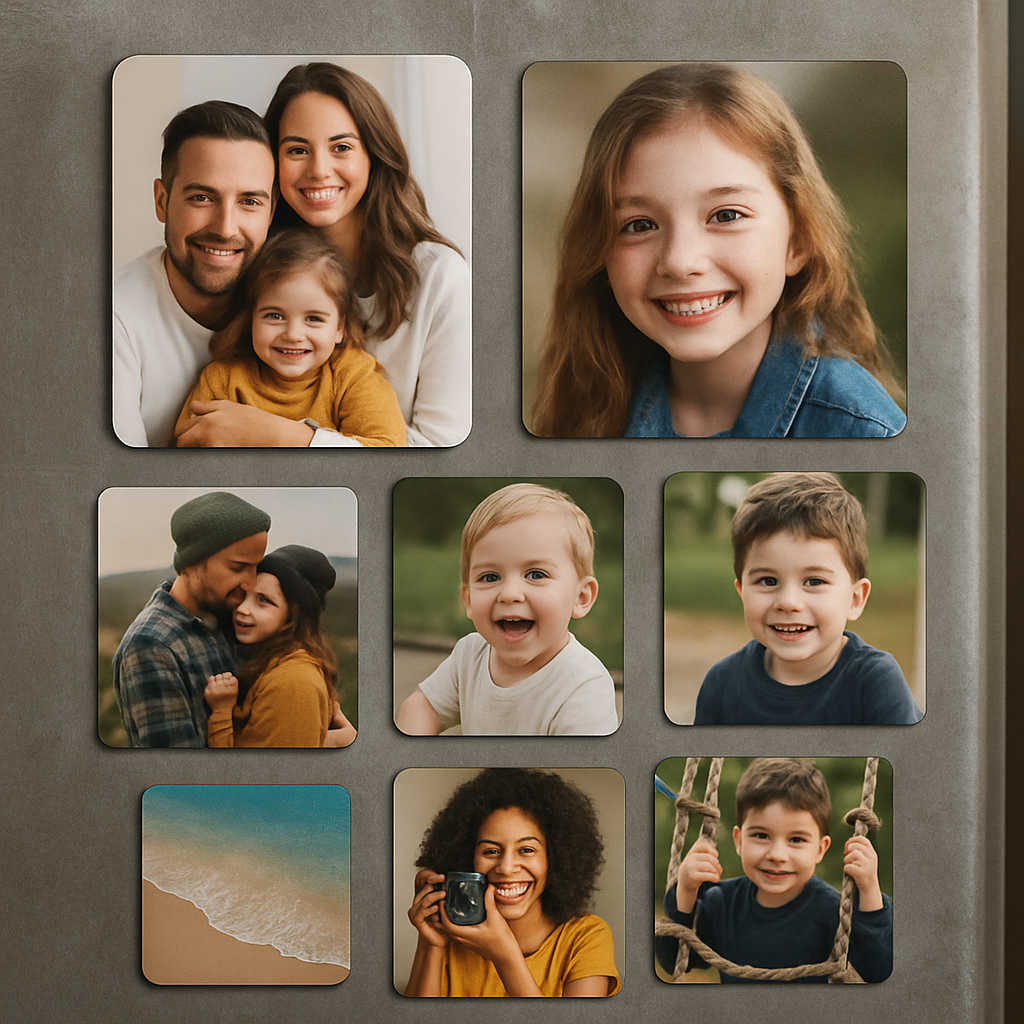 A collection of custom photo magnets showcasing diverse materials and sizes, including e-surface glossy finish and metallic shimmer effects, arranged neatly on a rustic fridge door. Alt: Custom photo magnets for fridge gift featuring various popular materials and sizes.
