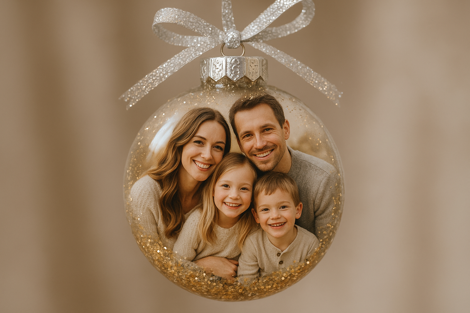 A close-up of a beautiful DIY photo ornament with glitter. Alt: A stunning photo ornament capturing family memories.