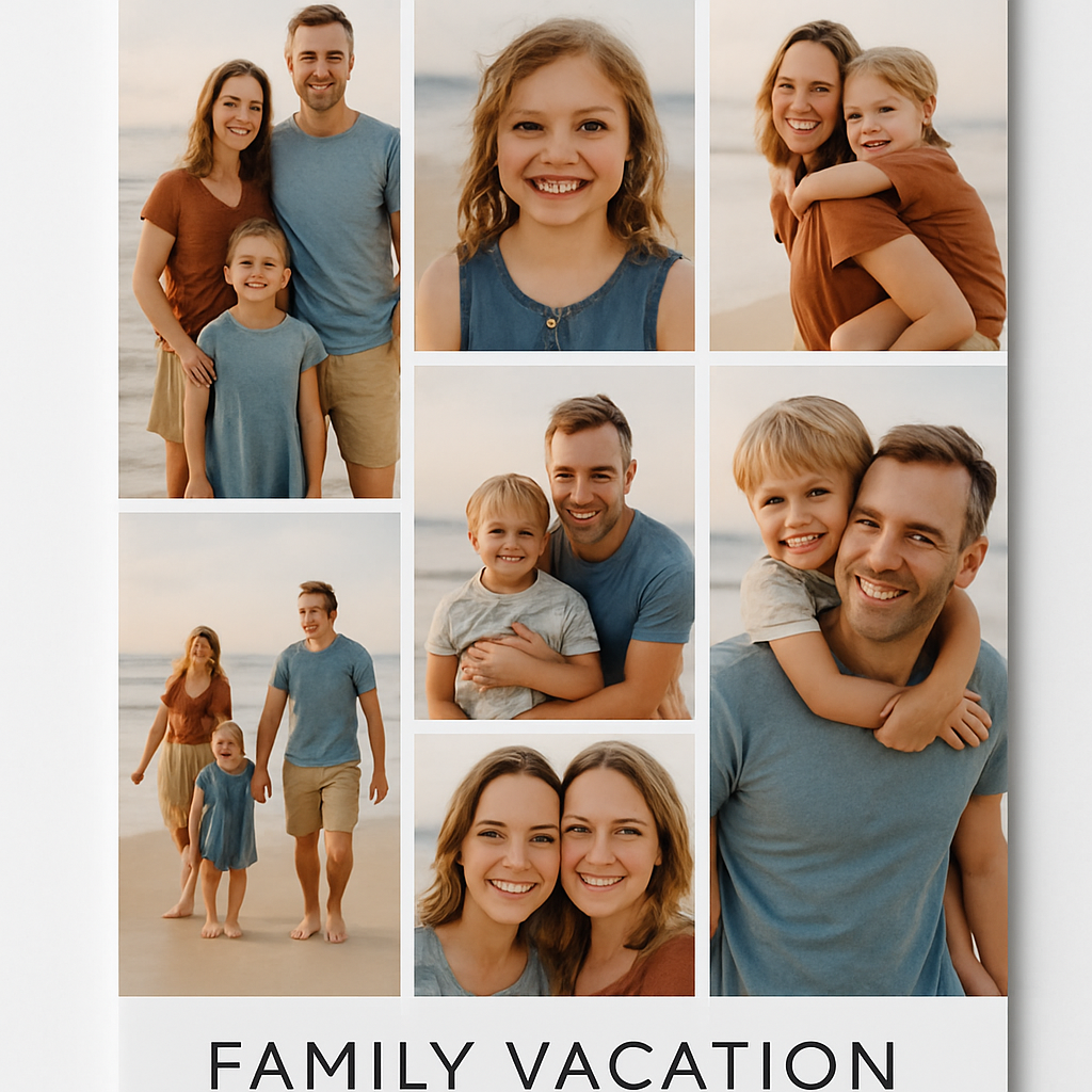 A collage of family vacation photos arranged in a stylish grid layout, ready to be printed as a photo magnet. Alt: photo collage magnets layout inspiration