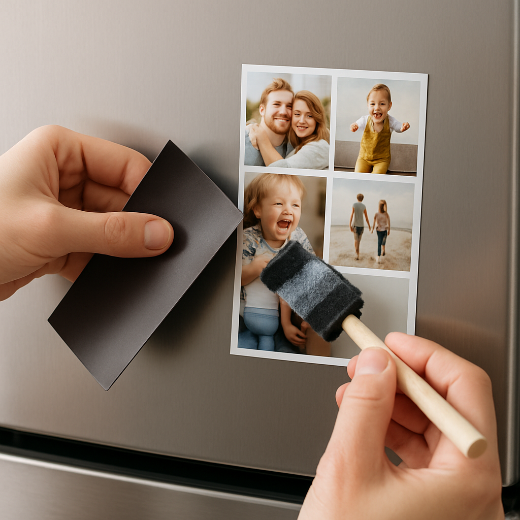 A close‑up of hands placing a printed photo collage onto a magnetic sheet, applying a clear sealant, and then sticking the finished magnet onto a stainless‑steel fridge. Alt: Assembling and sealing a custom photo collage magnet for the kitchen.