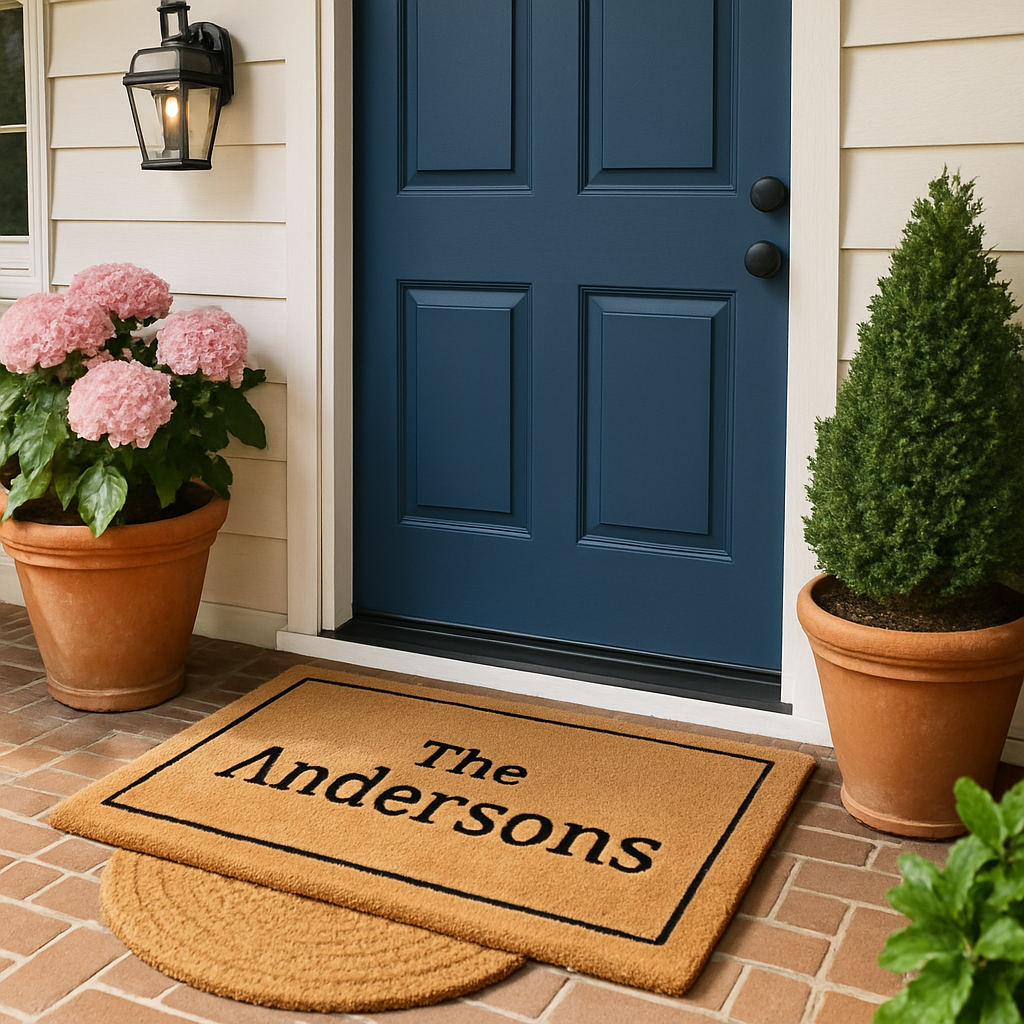 A beautifully styled home entrance featuring a personalized family name doormat resting on a clean, welcoming doorstep. Alt: Personalized family name doormat gift welcoming guests at a cheerful home entrance.