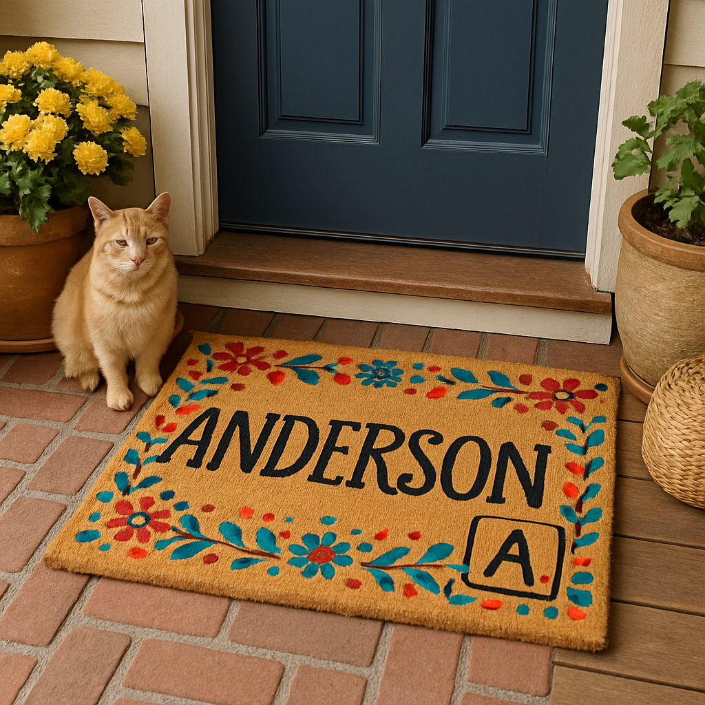 A cozy front porch with a hand-painted coir doormat featuring a family name surrounded by colorful patterns and a small Scrabble tile-inspired graphic. Alt: Personalized family name doormat gift with creative hand-lettering and unique decorative elements.