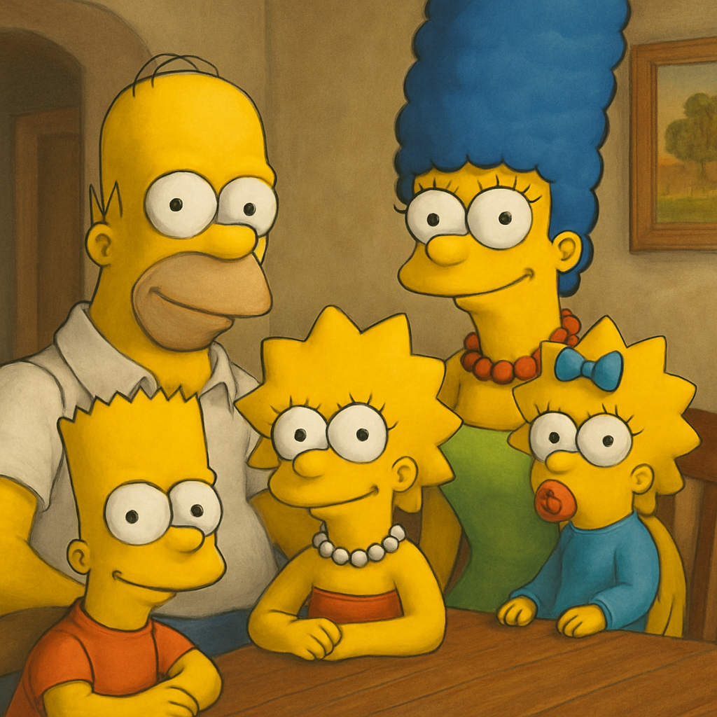 A family gathered around a table, each member rendered in classic Simpsons style, vibrant yellow skin and iconic outlines. Alt: Simpsons family portrait style options.