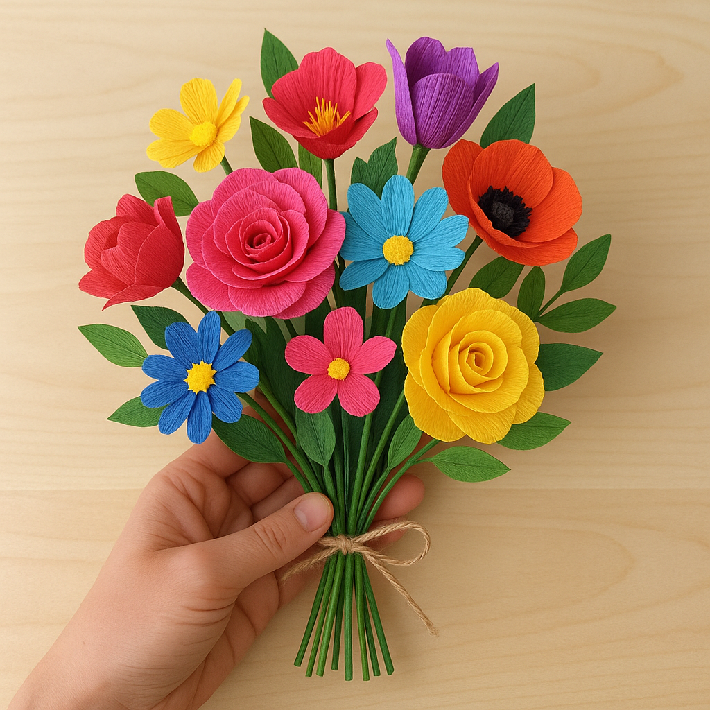 An example of a DIY paper flower bouquet with vibrant colors, beautifully arranged. Alt: DIY paper crafts tutorials showing colorful paper flower bouquet for creative projects.