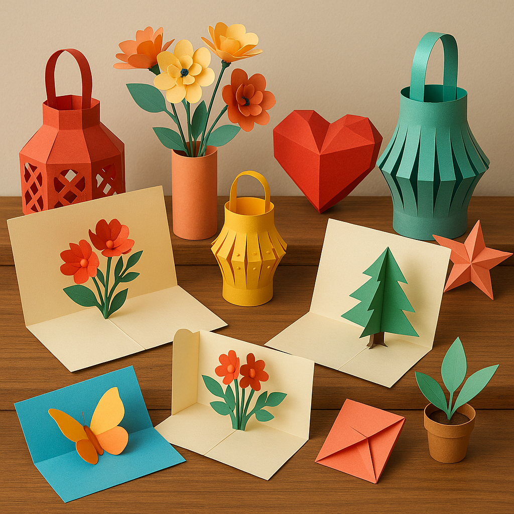 Artistic display of various DIY paper crafts including pop-up cards and paper lanterns. Alt: DIY paper crafts tutorials showcasing versatile paper craft projects for home decor and gifts.