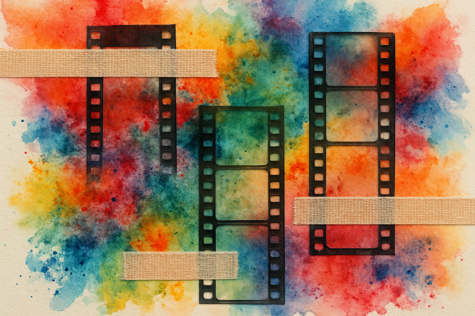 A mixed media art collage featuring watercolor powder background with fabric tape and acetate filmstrips. Alt: Art collage ideas with mixed media featuring watercolor powders and fabric tape.