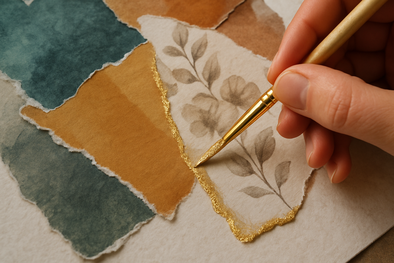 Artist adding shimmering paint to torn edges of collage paper. Alt: Close-up image showing art collage ideas using shimmering paint on torn paper edges.
