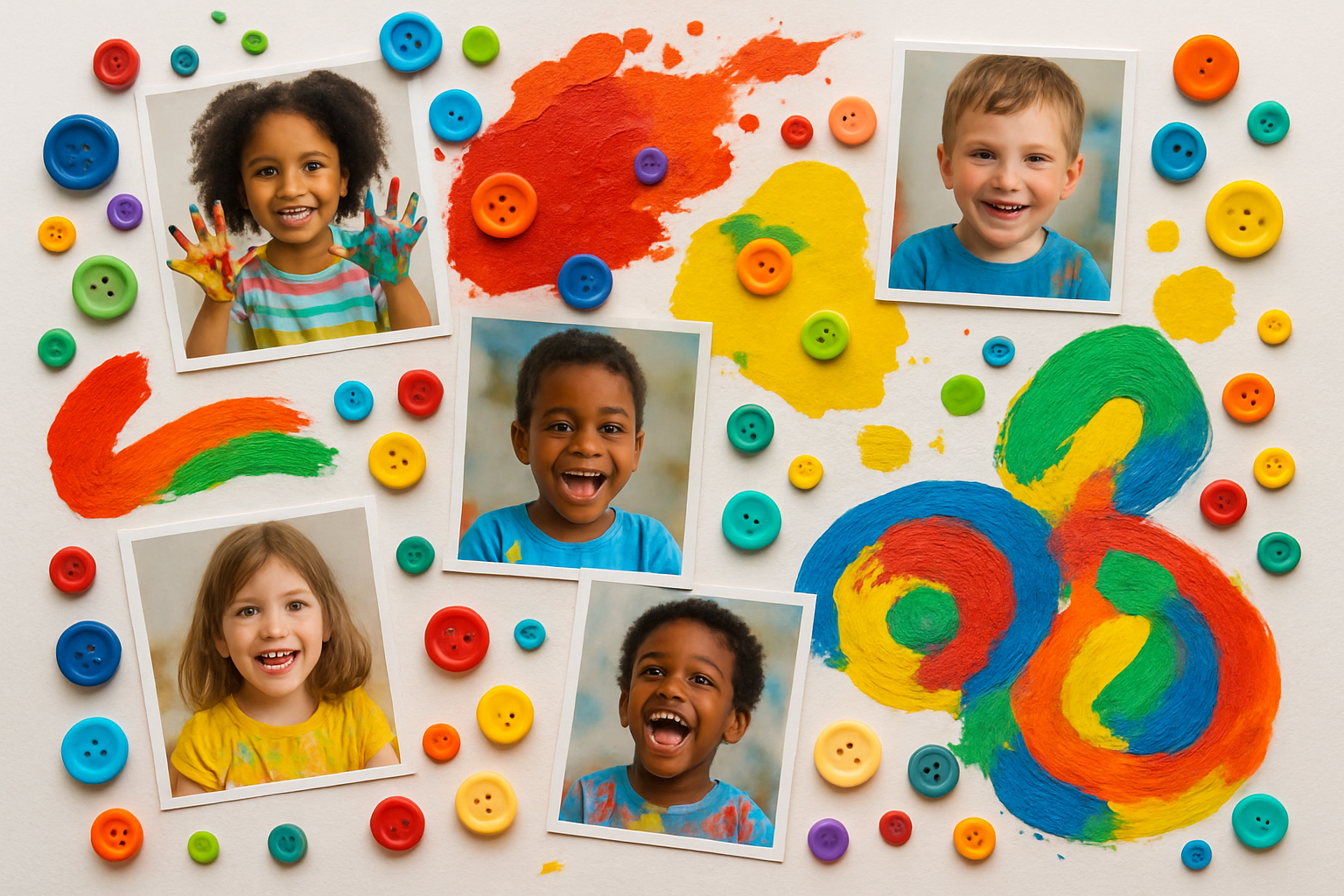 Colorful kids’ collage project with buttons, paint, and photographs. Alt: Fun and creative kids art collage ideas with colorful materials and photos.