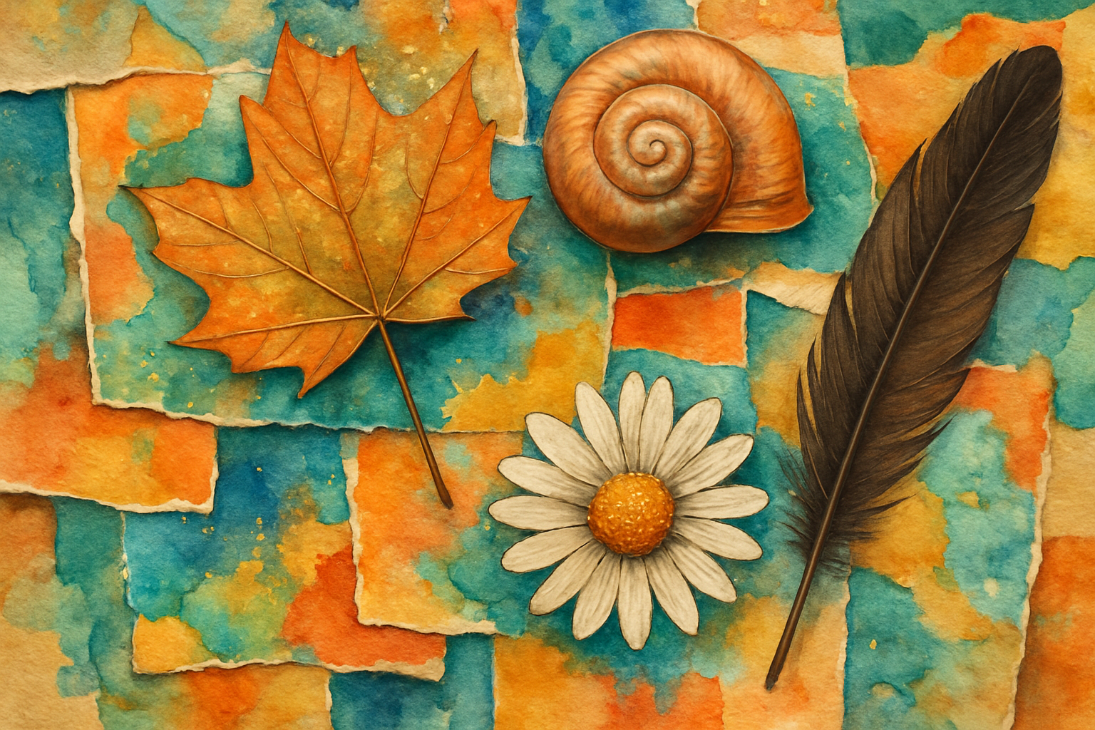 Close-up of mixed media collage with natural objects, shimmering highlights, and layered papers. Alt: A vibrant art collage idea featuring natural objects and watercolor elements.