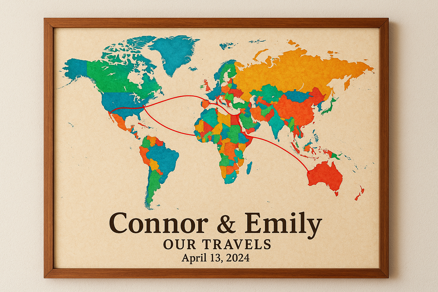 Custom couple’s travel map with personalized engraving, colorful and vibrant. Alt: Custom wedding gift ideas for travel lovers, personalized travel map. 