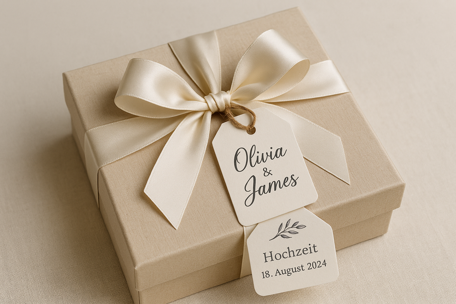 Elegantly wrapped personalized wedding gift box with custom tags and ribbons. Alt: Custom wedding gift ideas beautifully presented as a keepsake gift box.