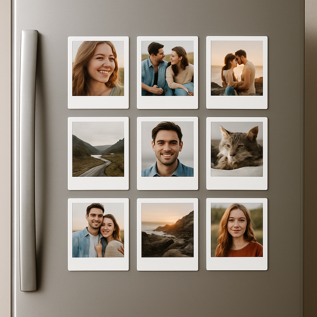 A sleek fridge door with a clean, minimalist grid of custom photo magnets, showing balanced spacing and subtle colors. Alt: Minimalist grid layout fridge magnet display ideas
