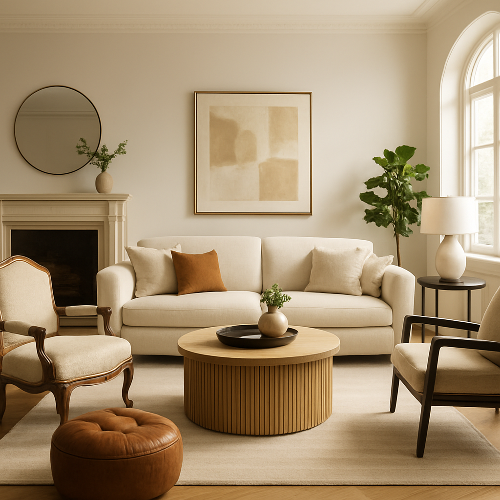 A bright living room with a mix of modern and classic furniture, showcasing a well‑measured layout and stylish accessories. Alt: Luxury furniture layout and style inspiration for living rooms.