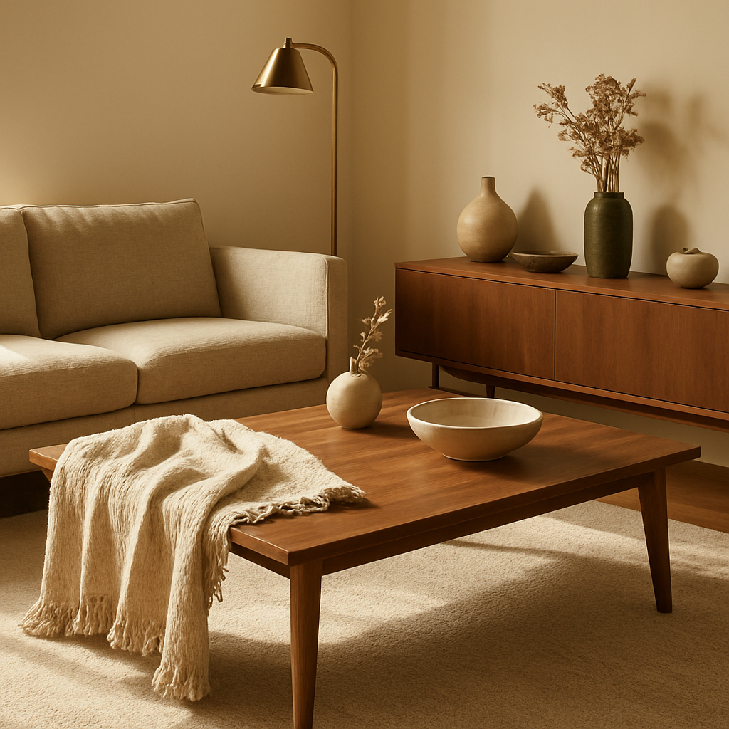 A sunlit living room featuring a walnut coffee table, a hand‑woven linen throw, brass floor lamp, and curated decorative objects on a sleek console. Alt: Bespoke homeware accessories enhancing a luxury furniture setting