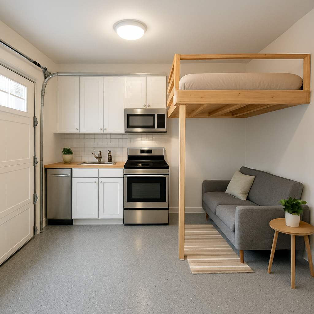 A bright, budget‑friendly garage conversion with DIY epoxy floor, simple galley kitchen, and a lofted sleeping area. Alt: budget-friendly garage apartment ideas with affordable finishes