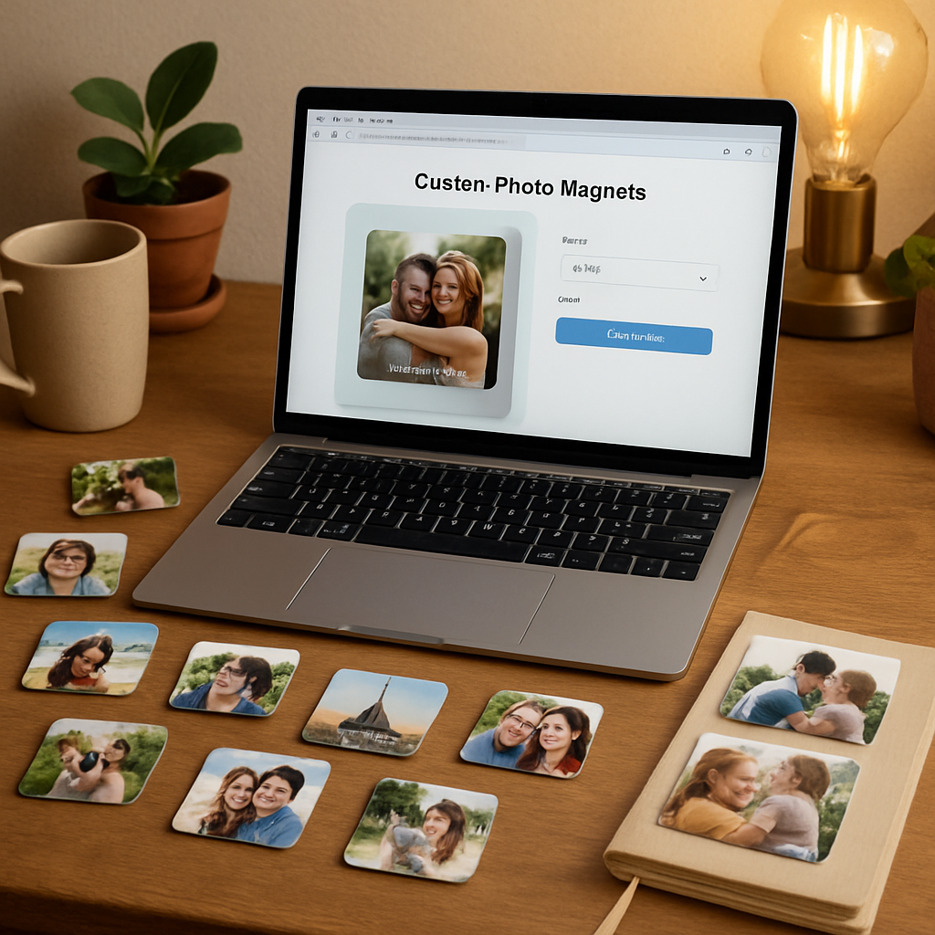 A cozy workspace with a laptop open to a custom photo magnet design page, surrounded by sample magnets and printed photos. Alt: Custom photo magnets for fridge gift displayed on a designer's desk.