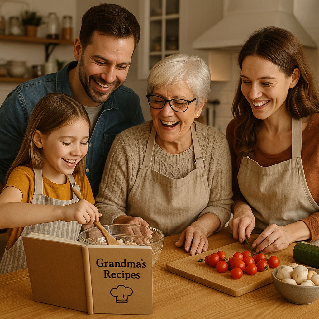 A cozy kitchen scene with family cooking together, referencing a personalized recipe book on the counter. Alt: Family using a personalized recipe book gift for grandma during a joyful cooking session.