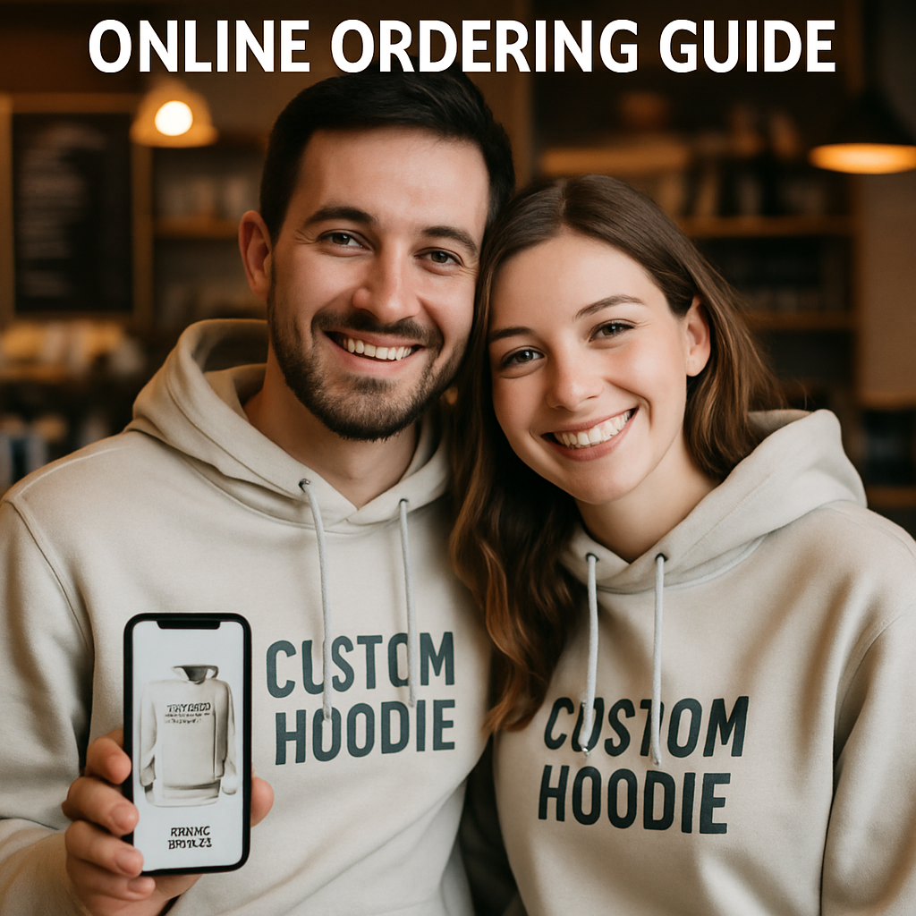 A cozy couple wearing matching custom hoodies, one holding a phone showing a design mock‑up, background of a coffee shop. Alt: custom couple hoodies online ordering guide
