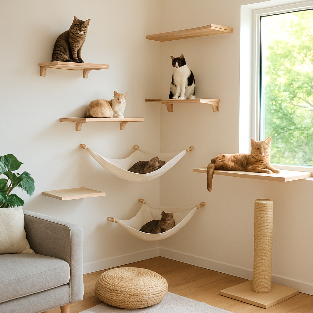 A bright, modern living room corner transformed into a multi‑level cat playground with shelves, hammocks, and a window perch. Alt: cat playground indoor corner ideas.