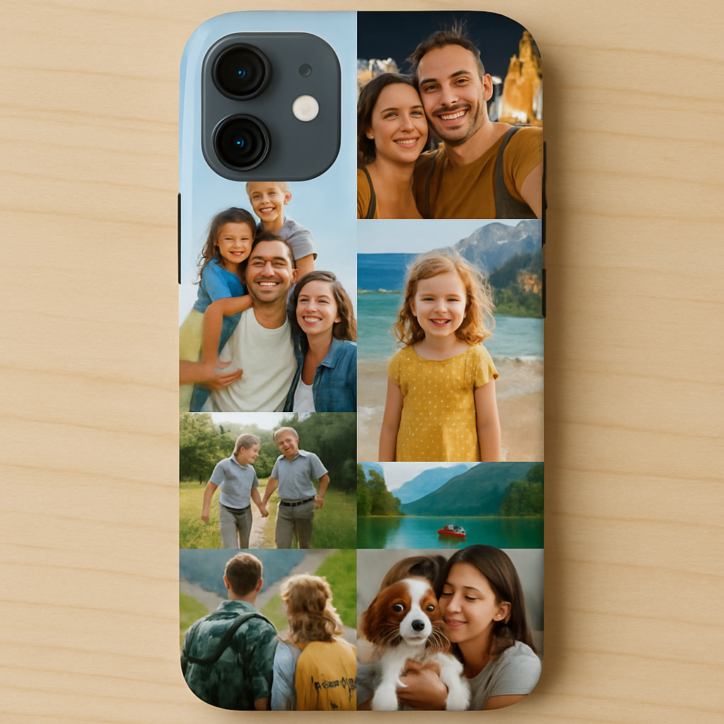 A smartphone case covered in a vibrant collage of family photos, travel snapshots, and a cute pet picture. Alt: Custom photo collage phone case showcasing personal memories.