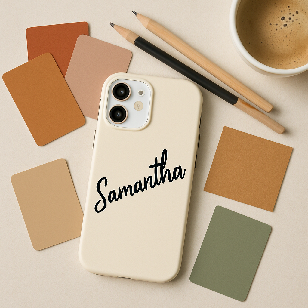 A stylish flat‑lay of a custom name phone case surrounded by design swatches, pencils, and a coffee cup. Alt: custom name phone case design ideas and inspiration.