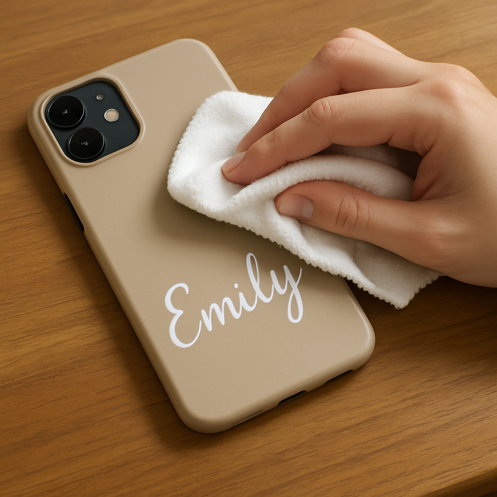 A high‑resolution photo of a hand gently cleaning a custom name phone case on a wooden table. Alt: “custom name phone case cleaning and care guide”.