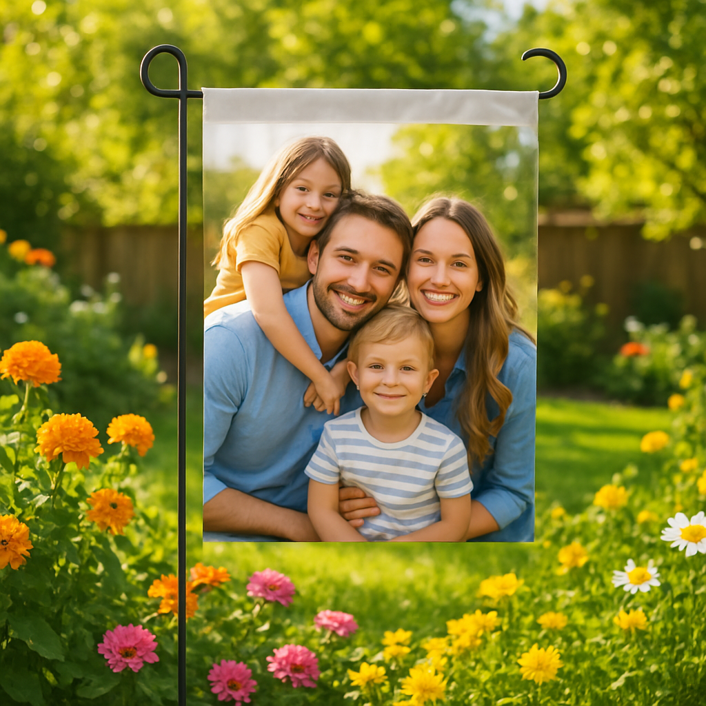 A bright garden scene with a custom photo garden flag fluttering in the breeze, showcasing a family photo, alt: custom photo garden flag gift in a sunny backyard.