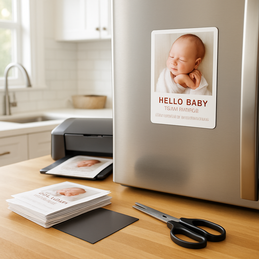 A bright kitchen counter with a stack of printed magnetic sheets, scissors, a printer, and a freshly cut baby birth announcement magnet displayed on the fridge. Alt: DIY printable birth announcement magnets on a kitchen fridge, showing a baby photo and affirmation text.