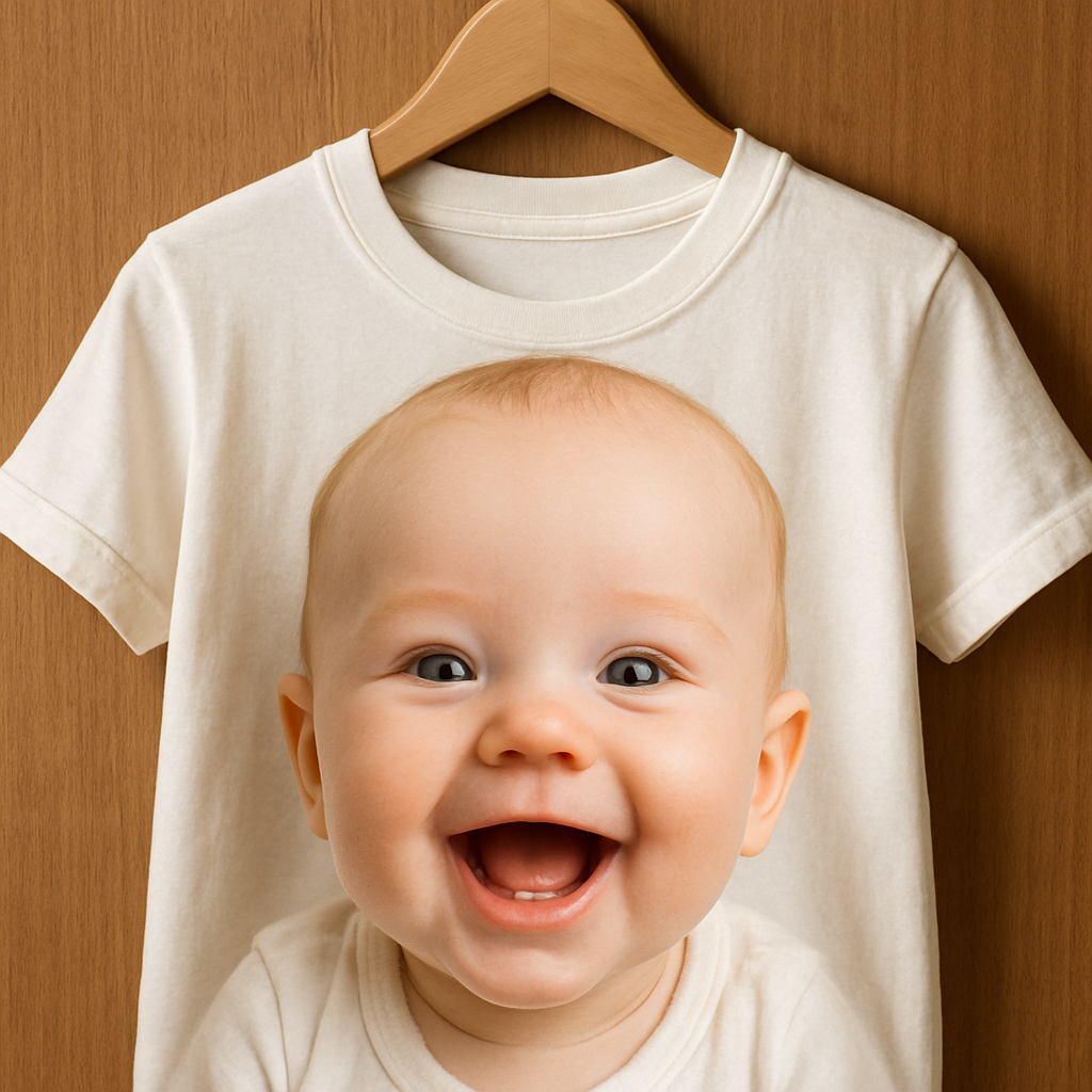 A close‑up of a custom face t‑shirt on a wooden hanger, showing a vivid baby smile printed on soft cotton. Alt: custom face t shirt photo print.