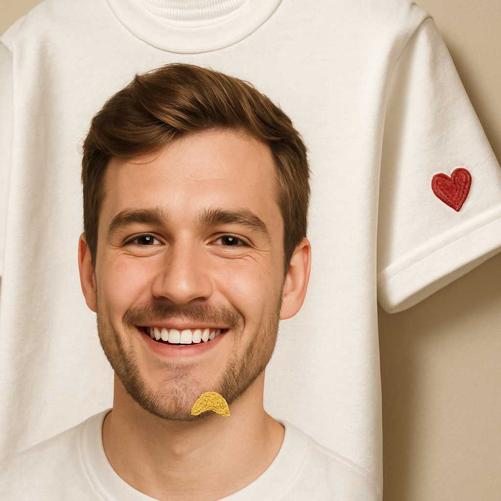 A close‑up of a custom face t shirt with a small embroidered heart on the sleeve and a subtle gold foil decal above the printed smile. Alt: custom face t shirt with creative embroidery and decal accents