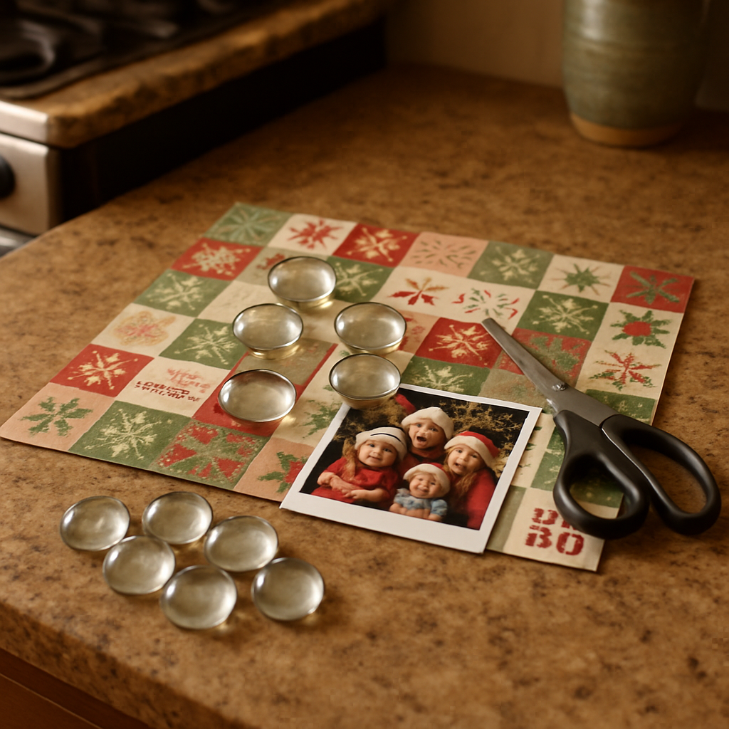 A cozy kitchen counter with holiday scrapbook paper, glass gems, and a pair of scissors, ready for a DIY magnet project. Alt: DIY holiday photo magnets materials laid out on a kitchen table.