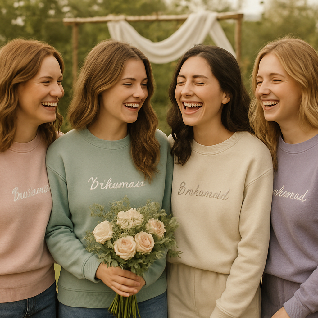 A cozy outdoor wedding scene with bridesmaids wearing pastel, fleece‑lined personalized tees, holding a bouquet and laughing. Alt: cute and cozy personalized bridesmaid t shirts in soft pastel colors