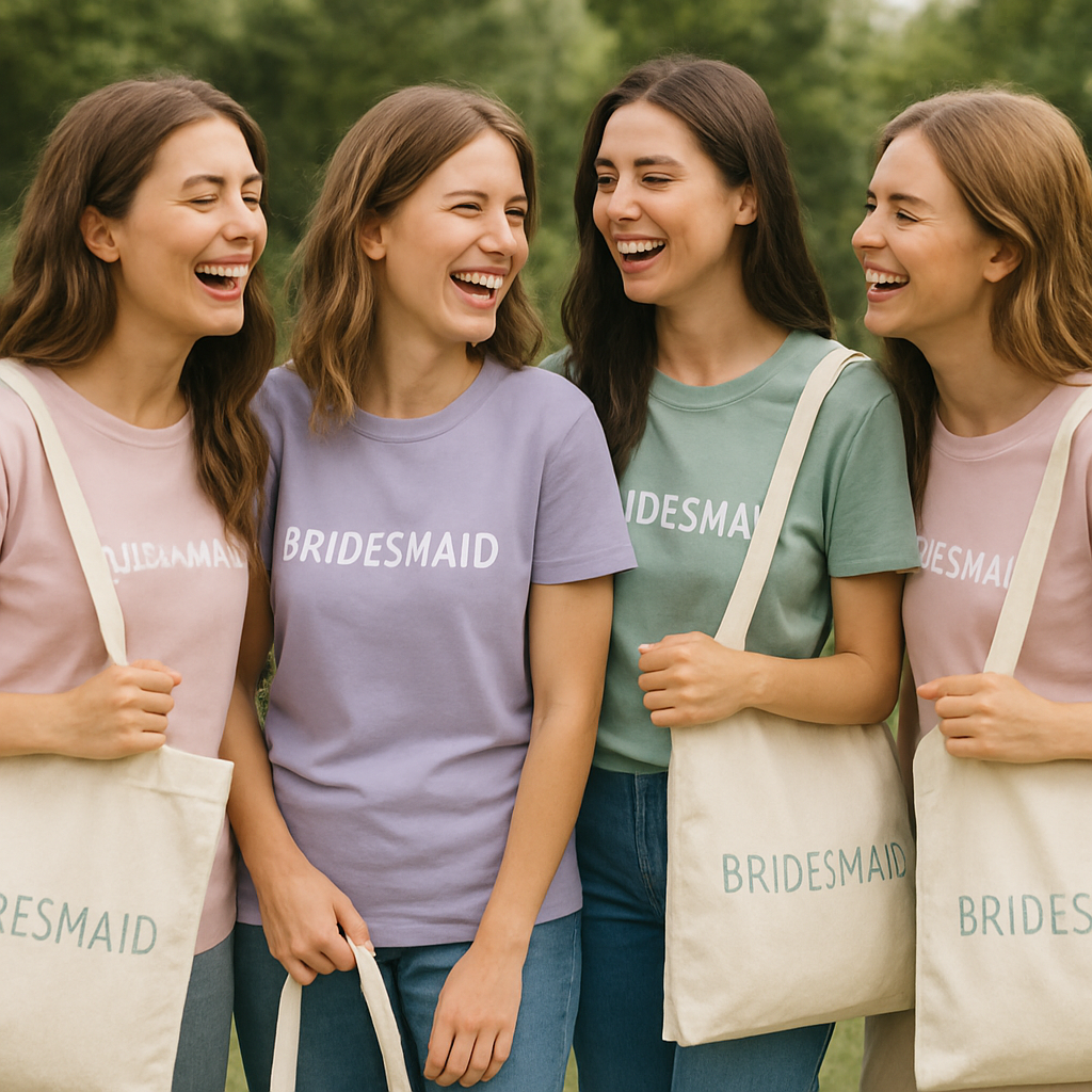 A group of bridesmaids laughing while wearing pastel eco‑friendly t shirts made of organic cotton and bamboo, holding matching canvas tote bags. Alt: Eco‑friendly personalized bridesmaid t shirts and tote bags for a sustainable wedding.